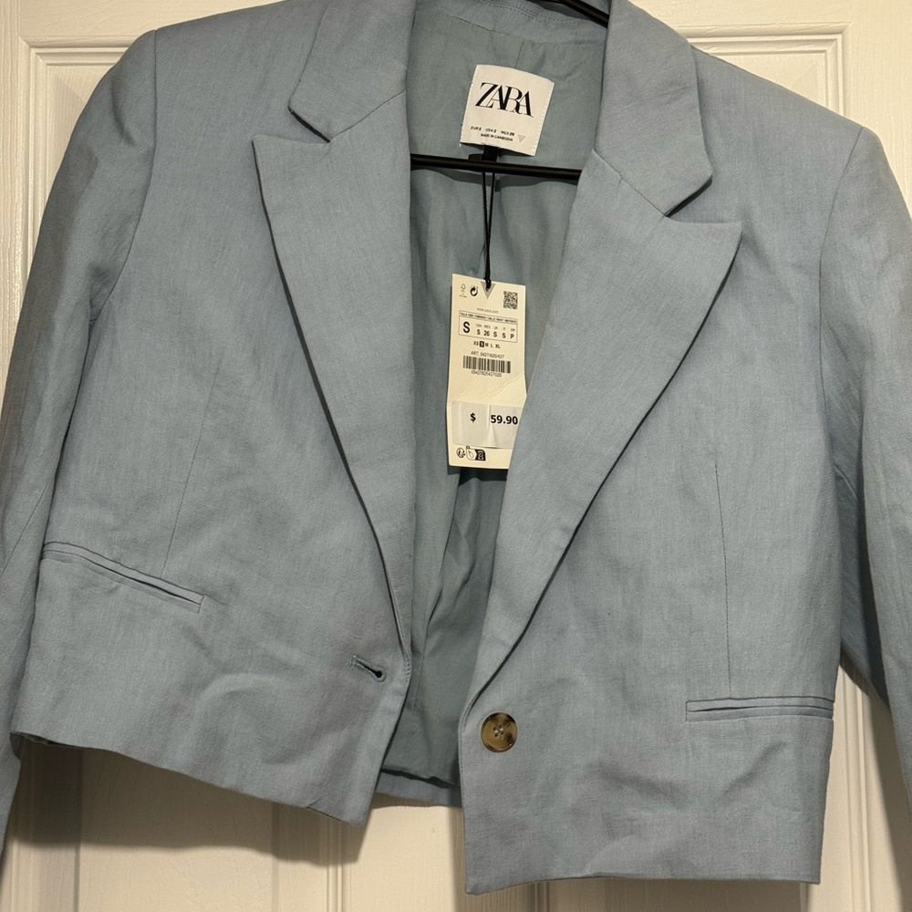 Zara linen blend cropped light blue blazer new with tags Size small